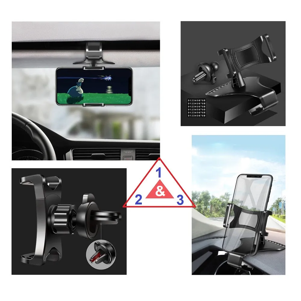 3 in 1 Car GPS Smartphone Holder: Dashboard / Visor Clamp   AC Grid Clip for Alcatel One Touch POP C5 TV - Black