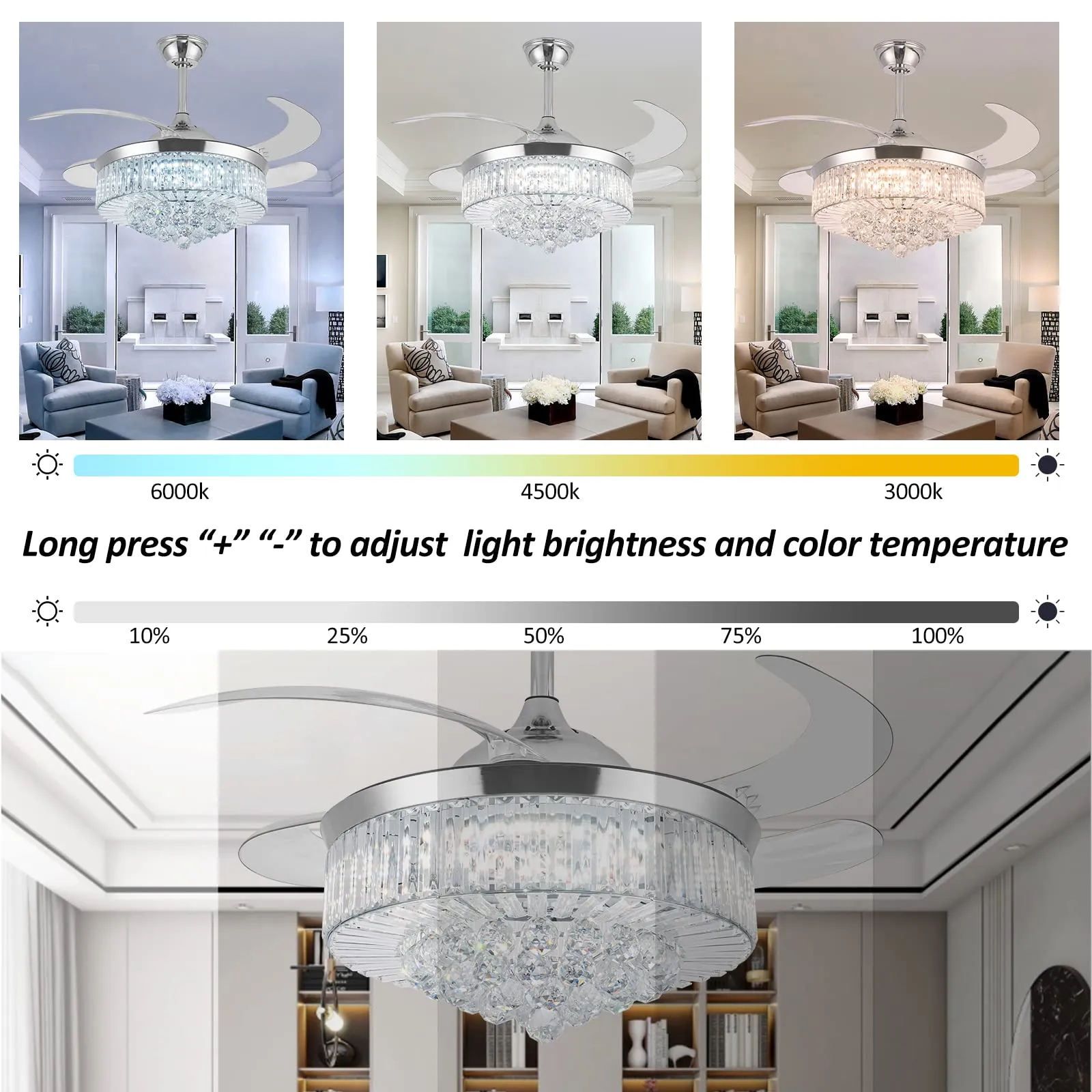 42 Inch Crystal Ceiling Fans with Lights, Modern Dimmable Fandelier LED Remote Control Retractable Invisible Blades Indoor Reversible Ceiling Light Kits with Fans for Decorate Living Room Bedroom