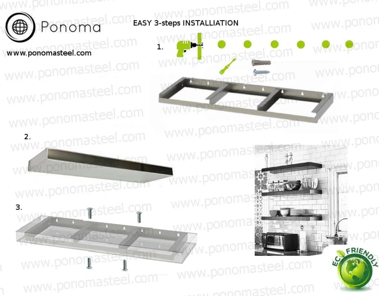 48"x10"x2.5" (cm.121.9x25.4x6.4) brushed stainless steel floating shelf