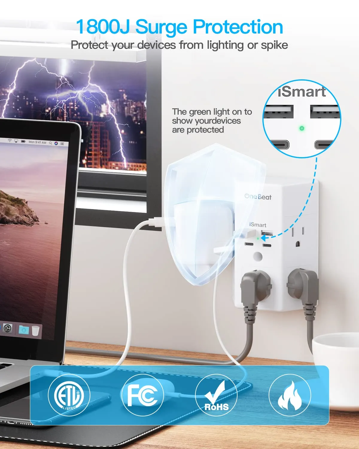 5 Outlet Surge Protector with 4 USB Charging Ports, USB-C Wall Charger and Power Strip for Home, Office and Dorm
