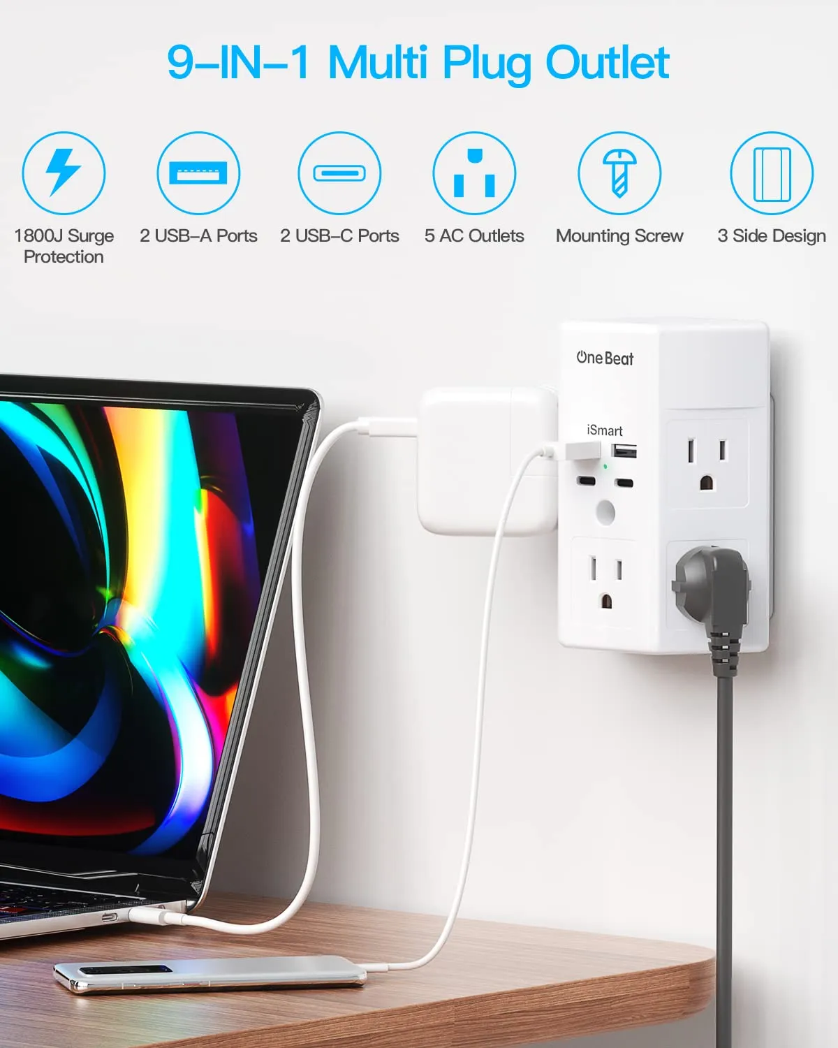 5 Outlet Surge Protector with 4 USB Charging Ports, USB-C Wall Charger and Power Strip for Home, Office and Dorm