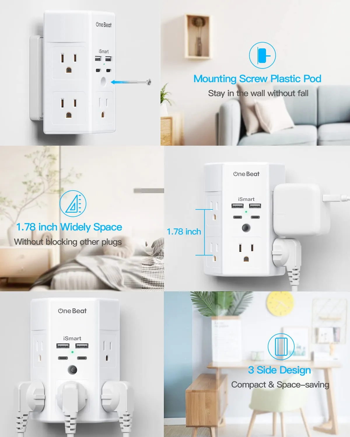 5 Outlet Surge Protector with 4 USB Charging Ports, USB-C Wall Charger and Power Strip for Home, Office and Dorm