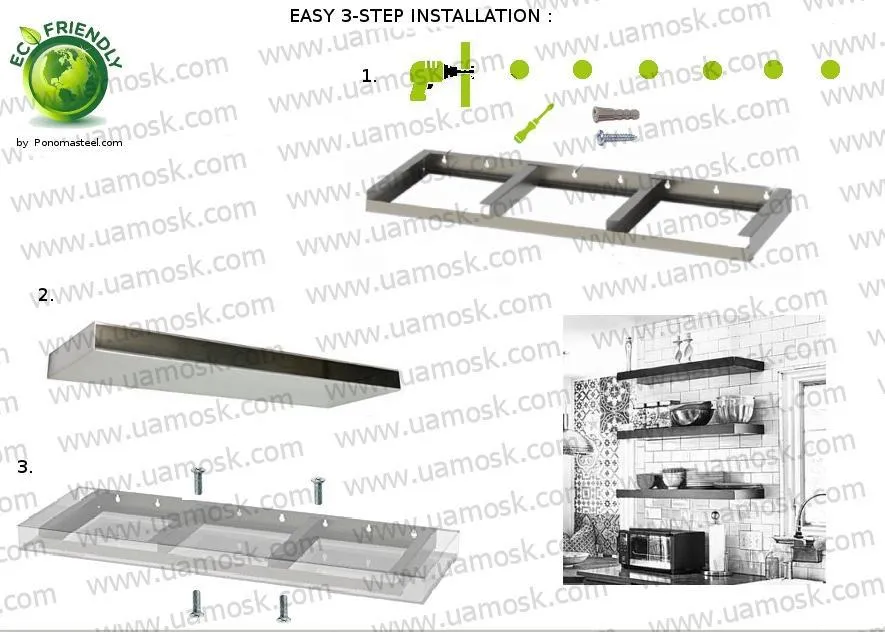 52"x10"x2.5" (cm.132x25.4x6.4) brushed stainless steel floating shelf