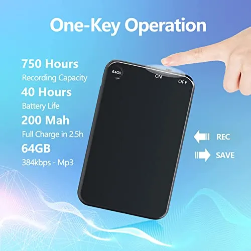64GB Mini Voice Recorder, Telele Audio Voice Recorder with 750 Hours Recording Capacity and 40 Hours Battery Time, Small MP3 Digital Recorder for Lecture Interview Meeting Class