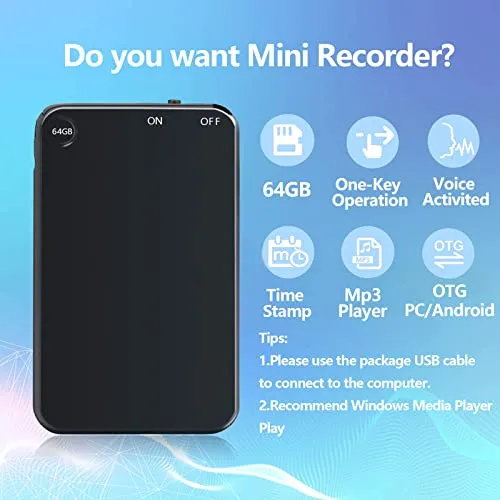 64GB Mini Voice Recorder, Telele Audio Voice Recorder with 750 Hours Recording Capacity and 40 Hours Battery Time, Small MP3 Digital Recorder for Lecture Interview Meeting Class