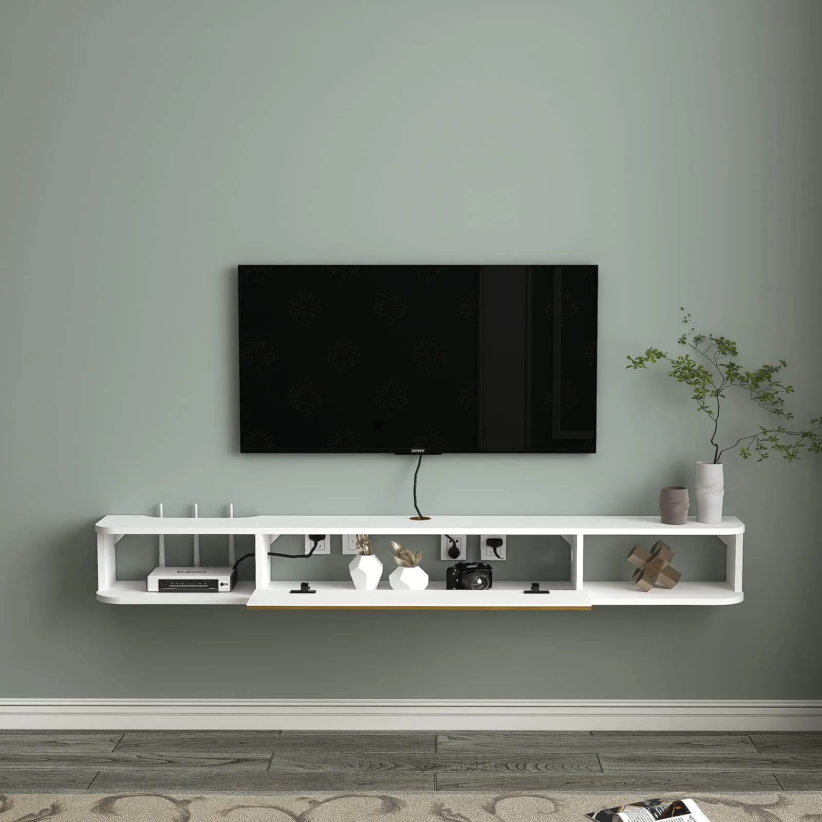 70" Slendera Floating TV Stand, Marble White