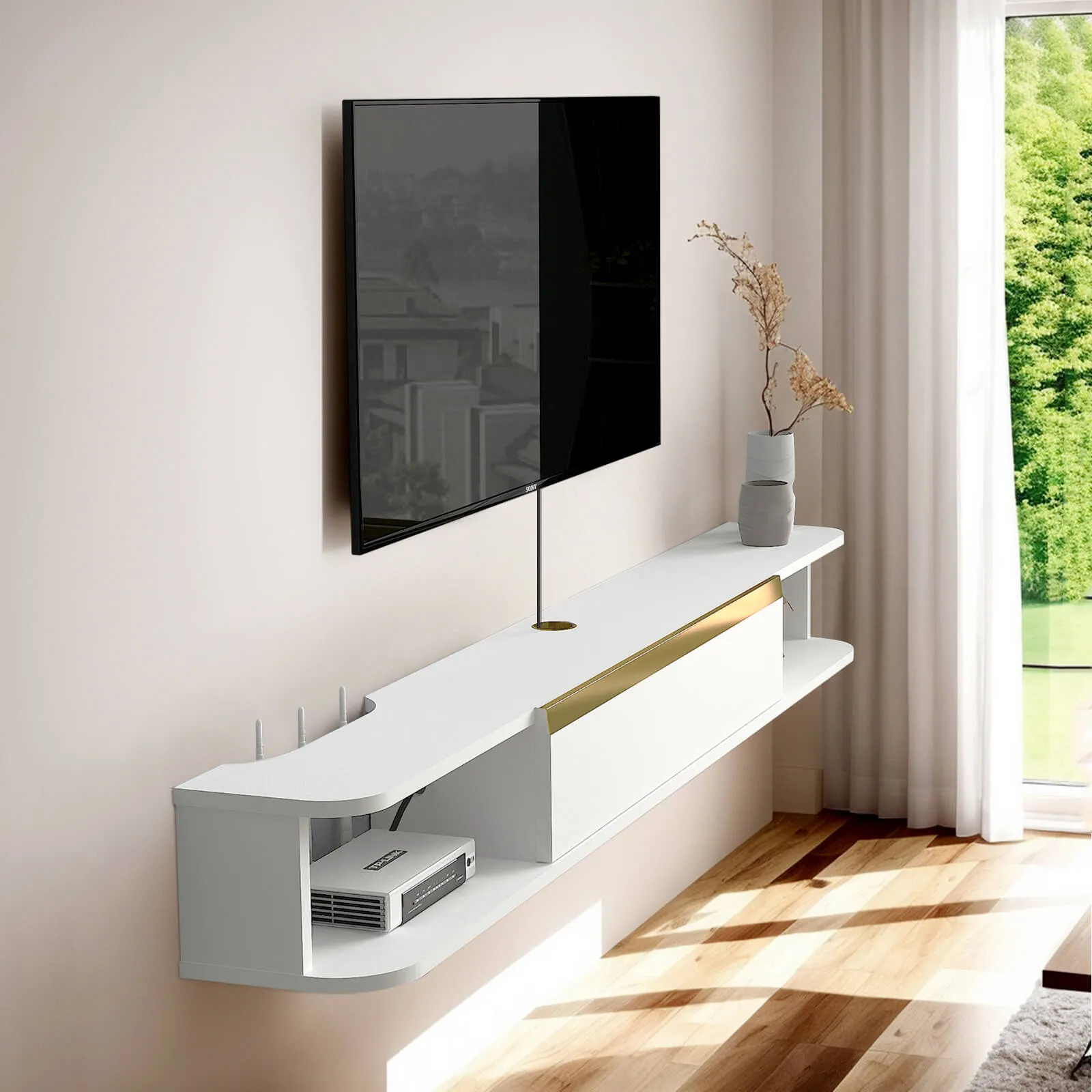 70" Slendera Floating TV Stand, Marble White