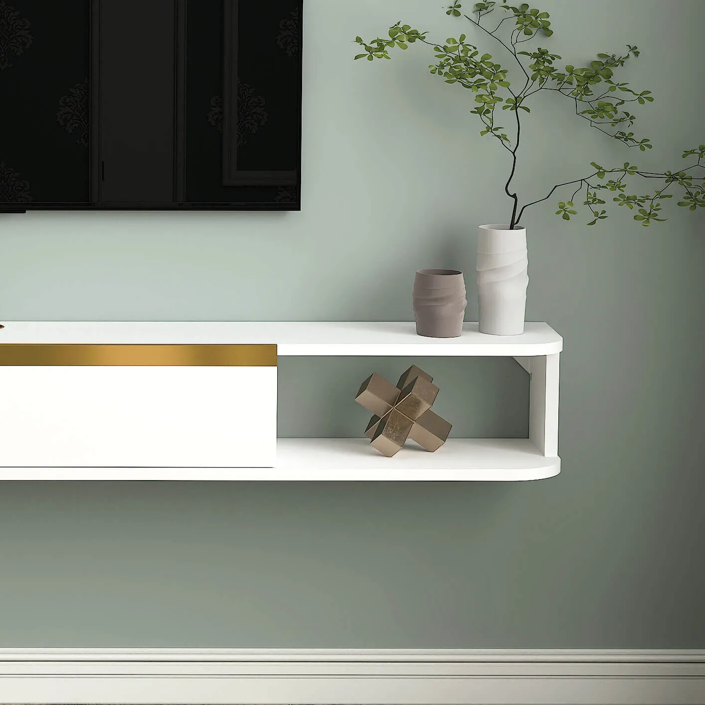 70" Slendera Floating TV Stand, Marble White