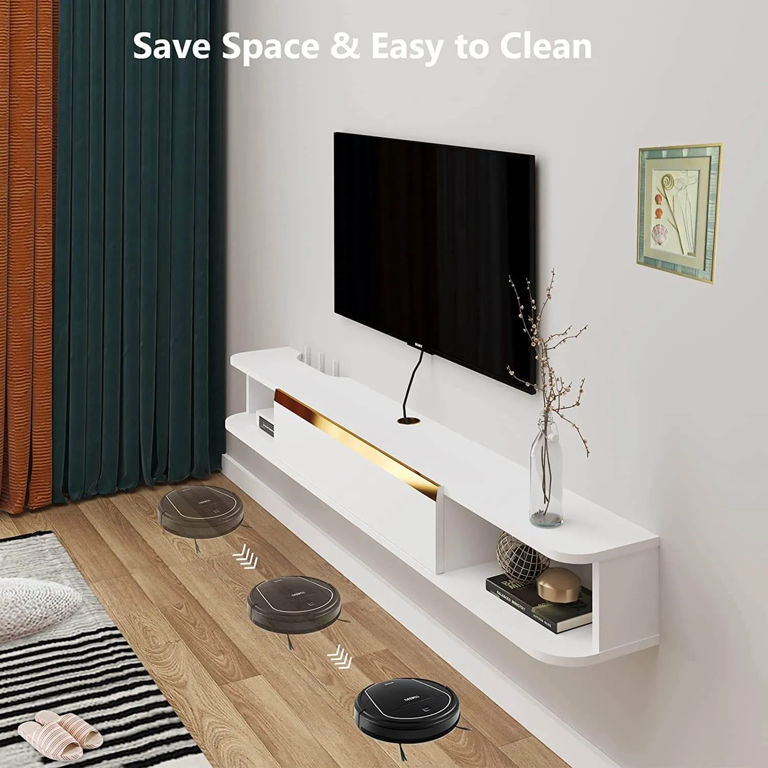 70" Slendera Floating TV Stand, Marble White