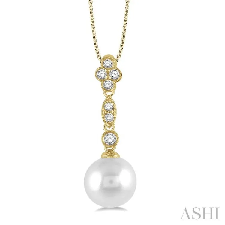 8 MM Cultured Pearl and 1/6 ctw Floral Dangler Round Cut Diamond Pendant With Chain in 14K Yellow Gold