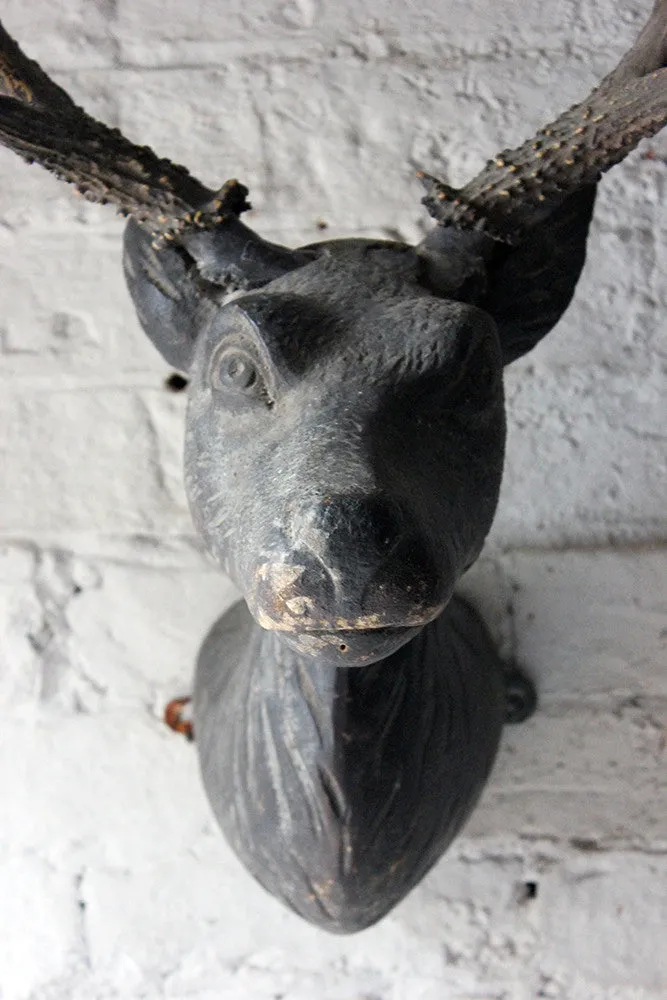 A Good Early Bavarian Carved & Painted Antler Mounted Stag Head Wall Trophy c.1800