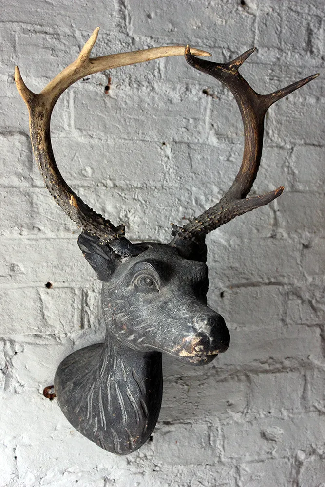 A Good Early Bavarian Carved & Painted Antler Mounted Stag Head Wall Trophy c.1800