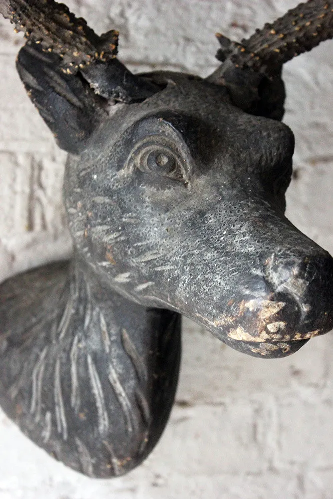 A Good Early Bavarian Carved & Painted Antler Mounted Stag Head Wall Trophy c.1800