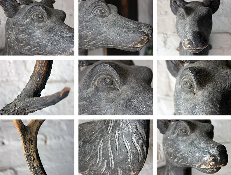 A Good Early Bavarian Carved & Painted Antler Mounted Stag Head Wall Trophy c.1800