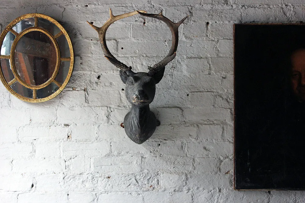 A Good Early Bavarian Carved & Painted Antler Mounted Stag Head Wall Trophy c.1800