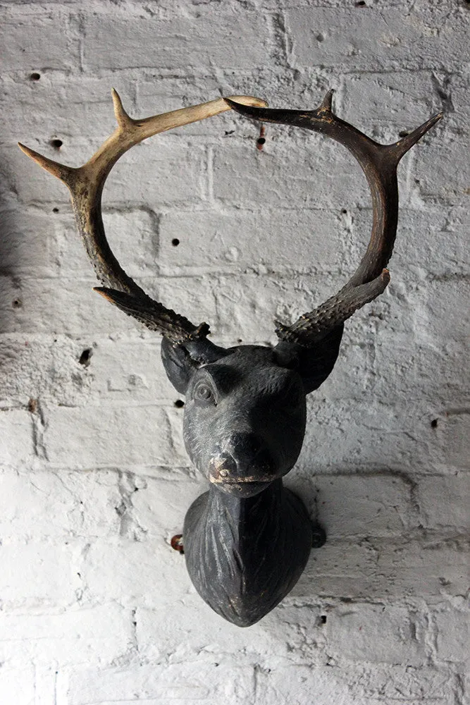 A Good Early Bavarian Carved & Painted Antler Mounted Stag Head Wall Trophy c.1800