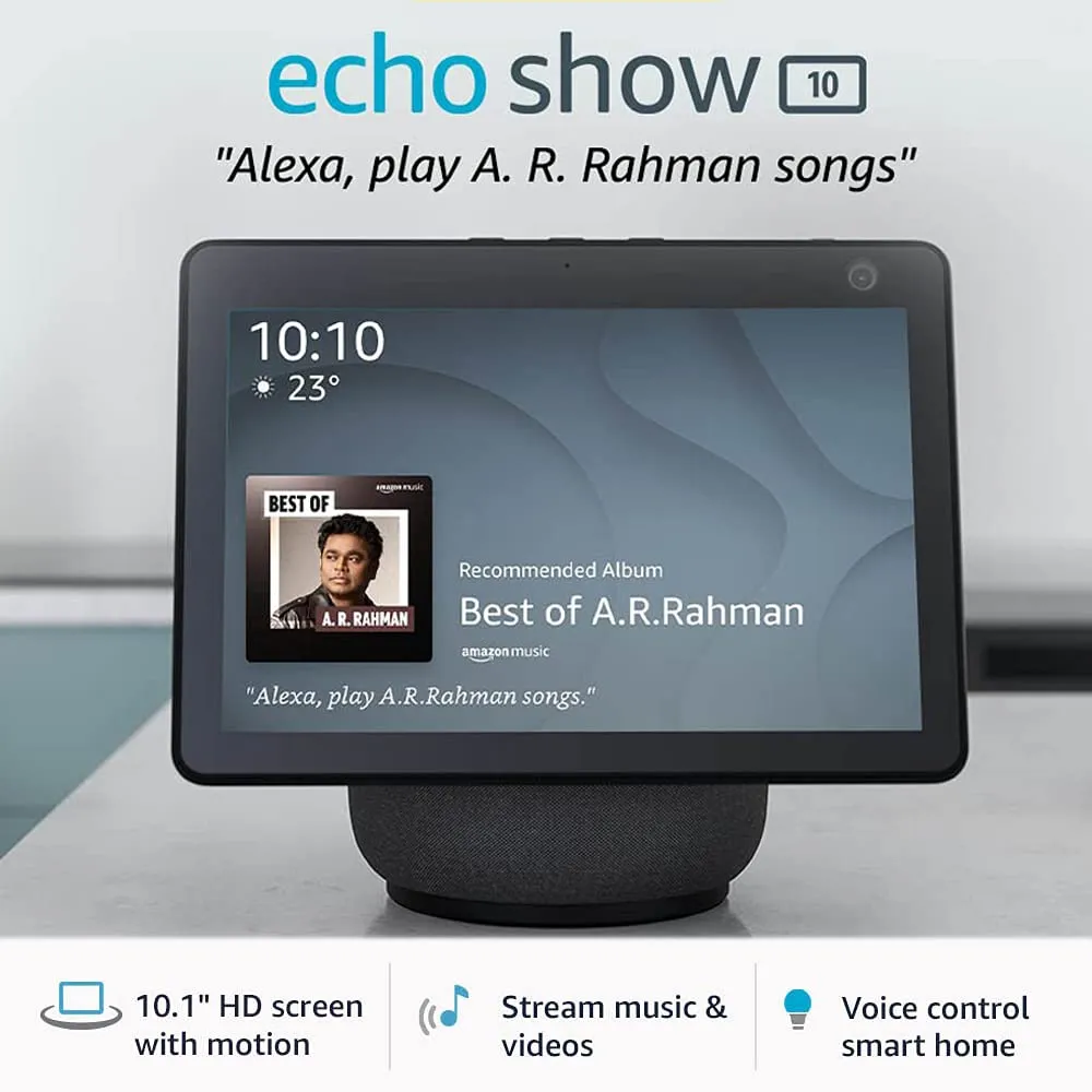 Amazon Echo Show 10- 10.1" HD smart display with motion, premium sound and Alexa (Black) &  Get 1 AVITA BULB FREE (WORTH rs-1299) Exclusive for Deals plant customers.