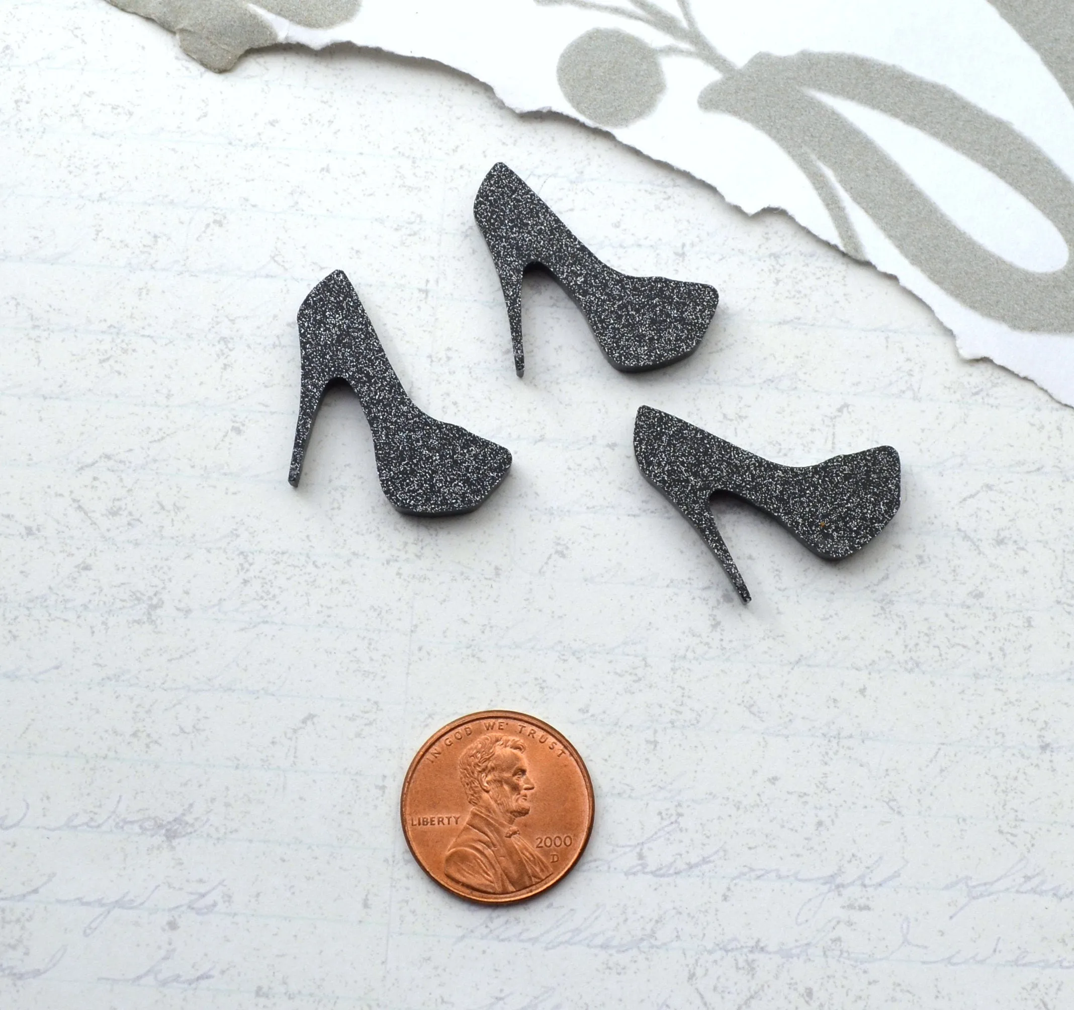 Black Glitter Mini Heel Cabochons 3 Flat Back Pieces Laser Cut Acrylic