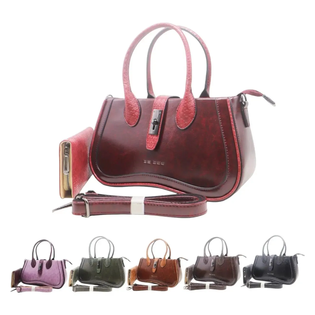 BS Vintage Curved Top Handle Bag with Lock Accent & Wallet