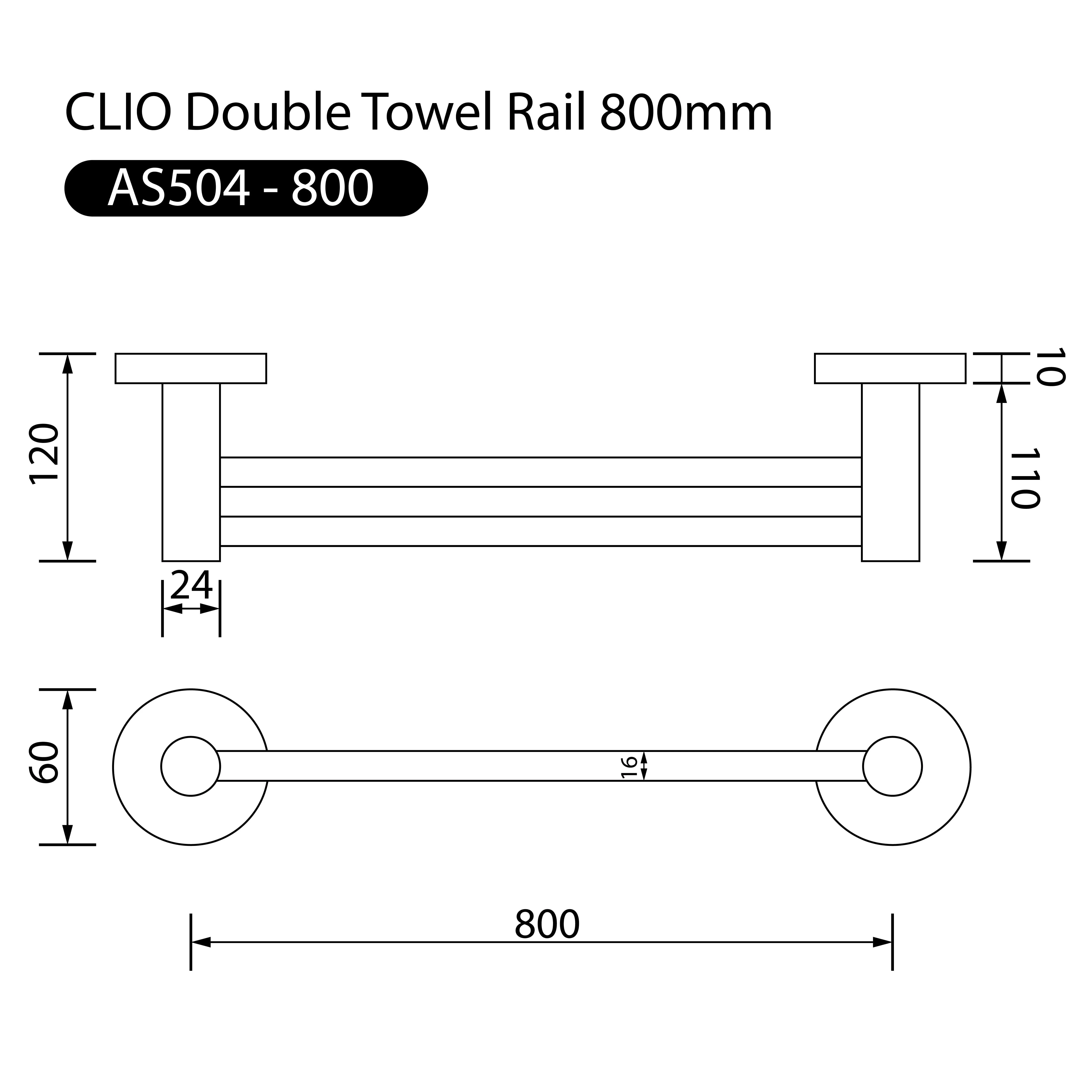 Clio Double Towel Rail 800mm Matte Black