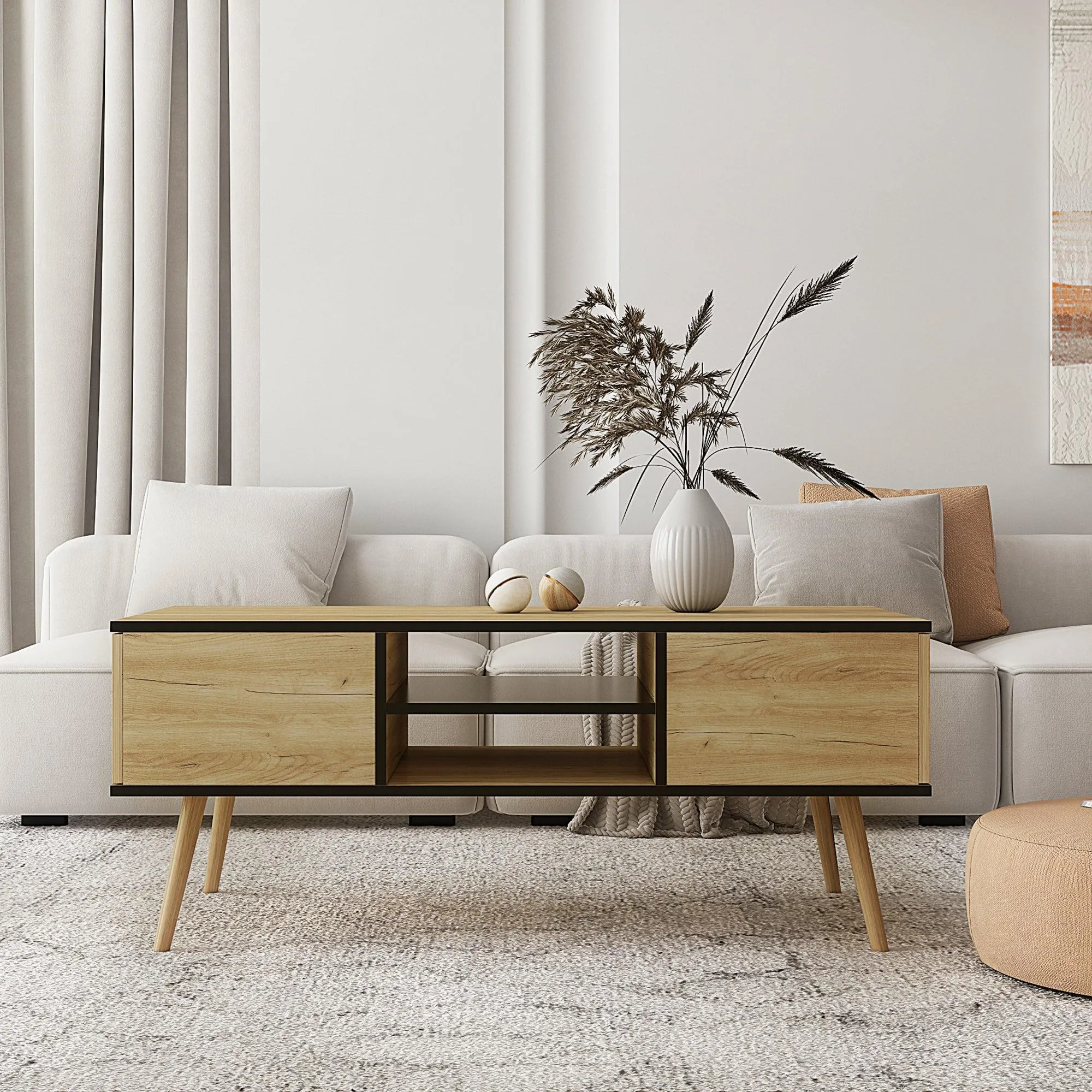 Coffee table, computer table, solid wooden leg support, largeStorage space, suitable for living room, dining room, kitchen, small space, black and brown