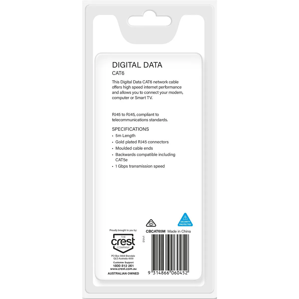 Crest Digital Data Cat 6 RJ45 to RJ45 Cable 5m - Black