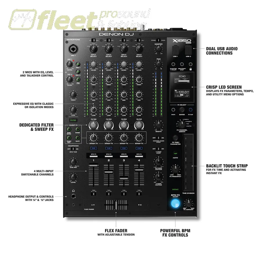 Denon DJ X1850PRIME 4-Channel Digital Mixer with Multi-Assignable Inputs and Pro DJ FX