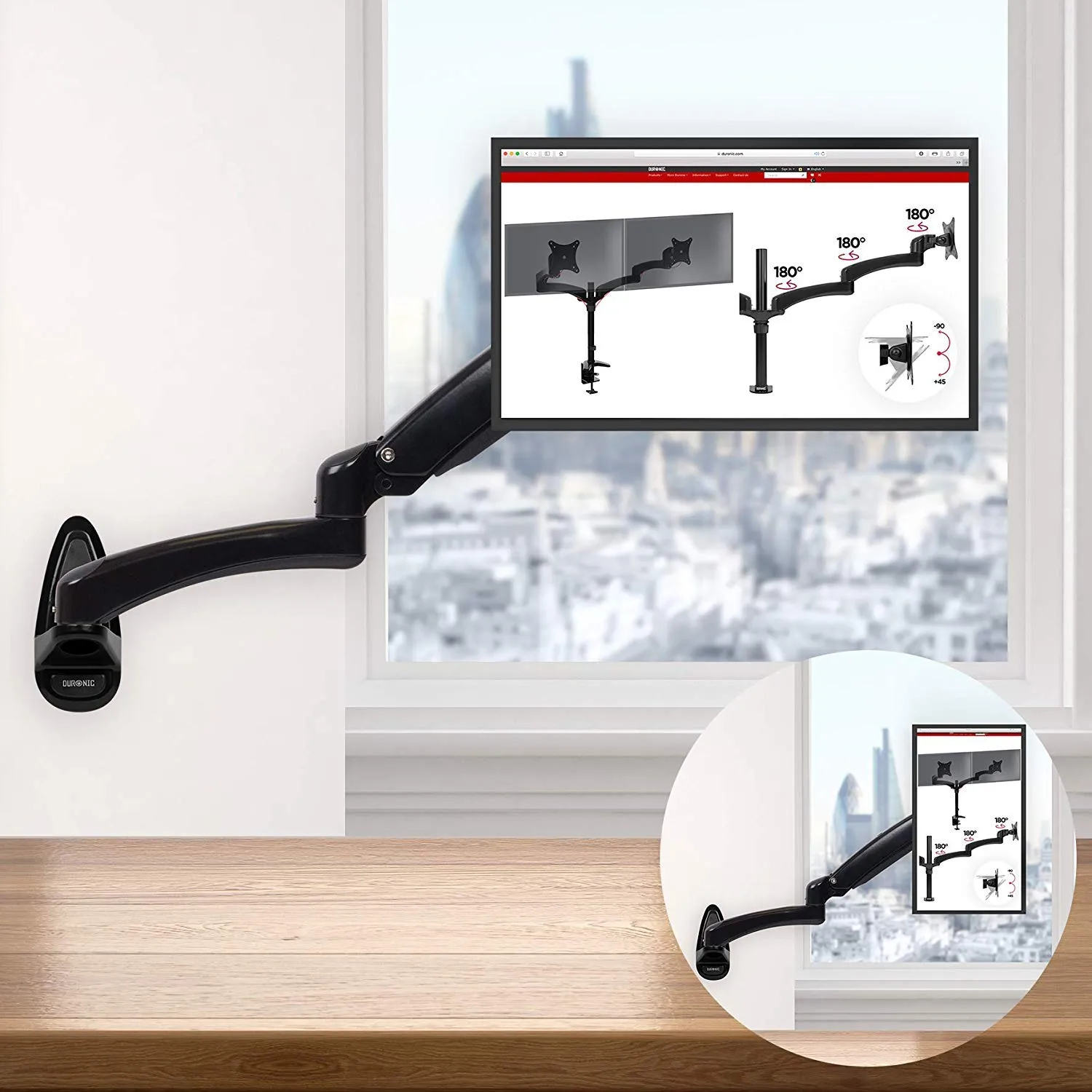 Duronic Monitor Arm Wall Mount DM55W1X2 | Bracket for Single PC Computer Screen | Aluminium | For One 15”-27” LED LCD TV Television | VESA 75/100 Fixing | Tilt  85°/-90°, Swivel 180°, Rotate 360°