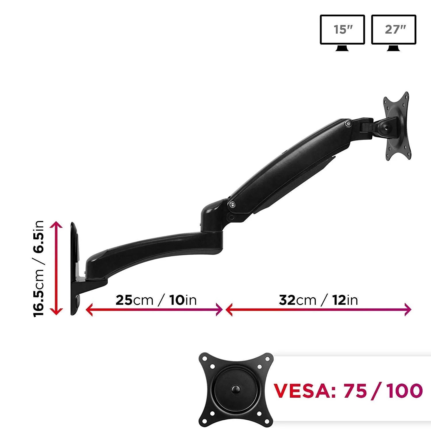 Duronic Monitor Arm Wall Mount DM55W1X2 | Bracket for Single PC Computer Screen | Aluminium | For One 15”-27” LED LCD TV Television | VESA 75/100 Fixing | Tilt  85°/-90°, Swivel 180°, Rotate 360°