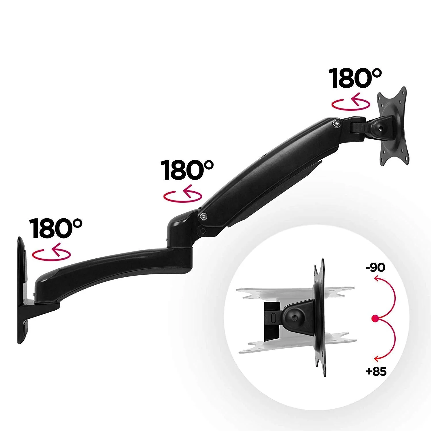 Duronic Monitor Arm Wall Mount DM55W1X2 | Bracket for Single PC Computer Screen | Aluminium | For One 15”-27” LED LCD TV Television | VESA 75/100 Fixing | Tilt  85°/-90°, Swivel 180°, Rotate 360°