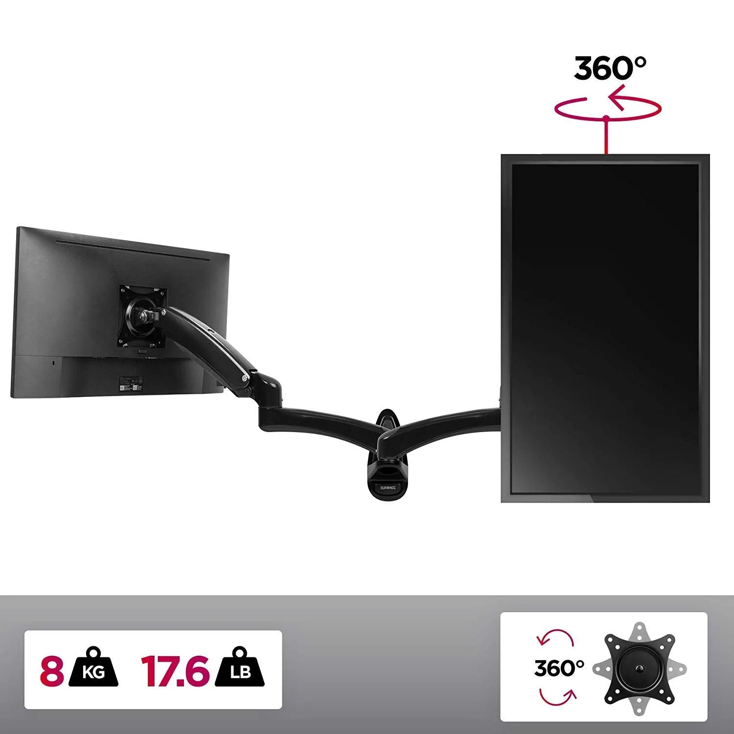 Duronic Monitor Arm Wall Mount DM55W1X2 | Bracket for Single PC Computer Screen | Aluminium | For One 15”-27” LED LCD TV Television | VESA 75/100 Fixing | Tilt  85°/-90°, Swivel 180°, Rotate 360°