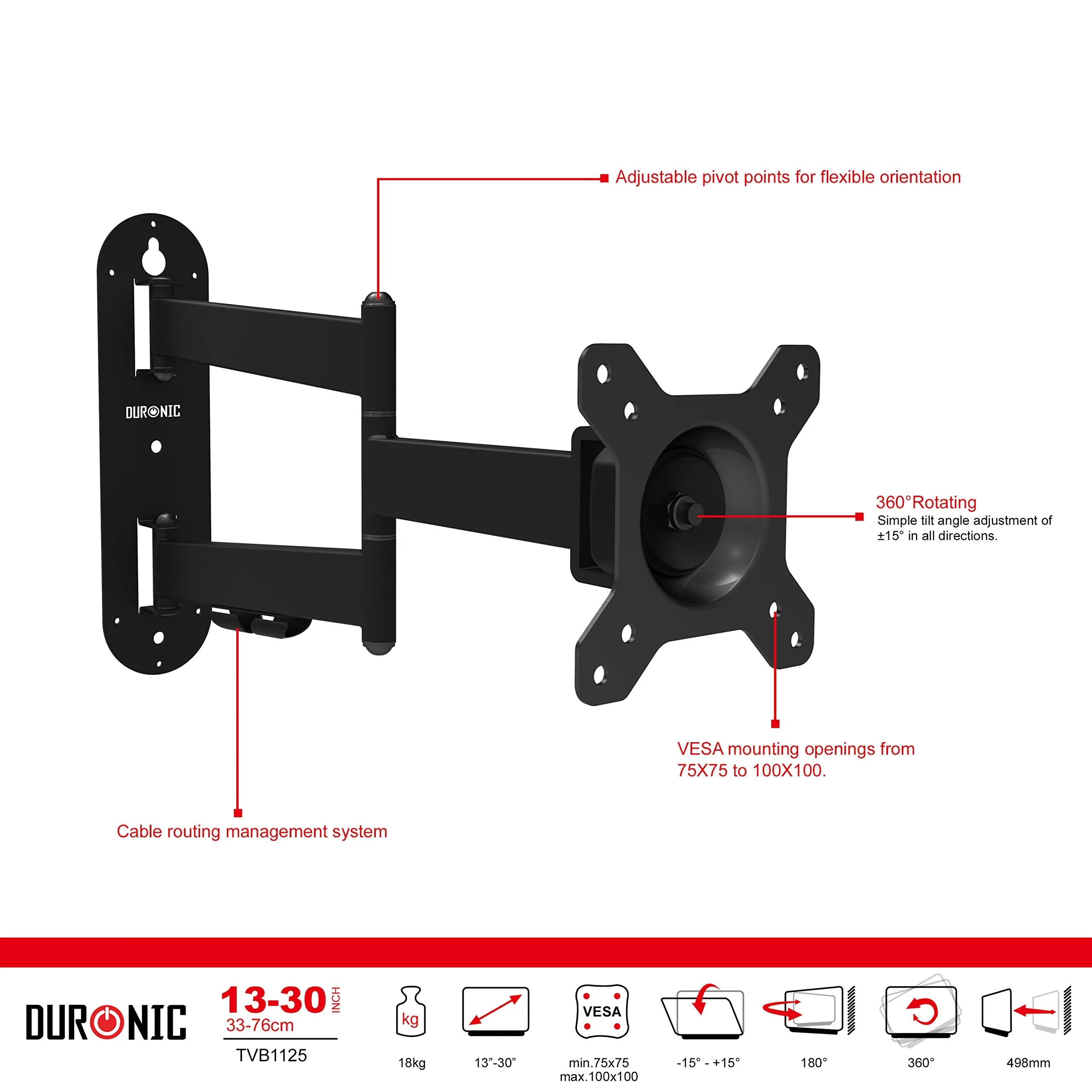 Duronic TVB1125 TV Bracket, Cantilever Wall Mount for 13-30" Television Screen, Tilting Action  15°/-15, Fits up to 600x400mm, For Flat Screen (18kg)