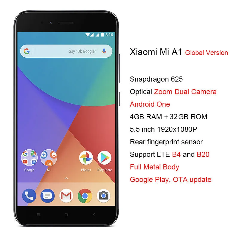 Global Version Xiaomi Mi A1 4GB RAM 64GB ROM Smartphone Snapdragon 625 Cellphone 5.5 Inch Dual Cameras 12MP 4G LTE Android One