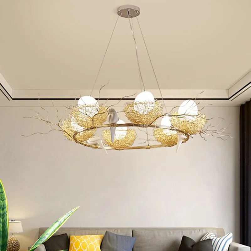 Gold Aluminum Bird Nest & Egg Chandelier Pendant Light for Artistic Dining Room DÃ©cor
