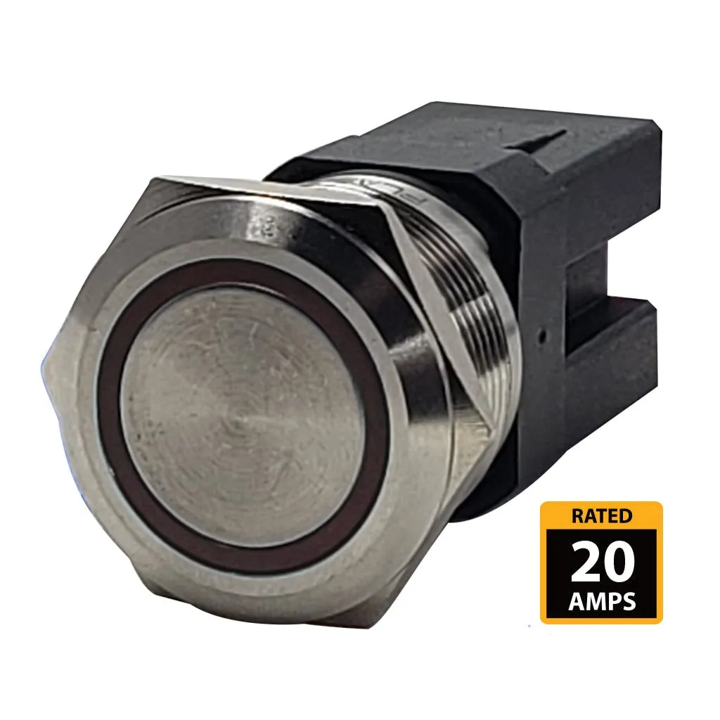 Marine Push Button Switch - Red LED - 20A - Stainless Steel