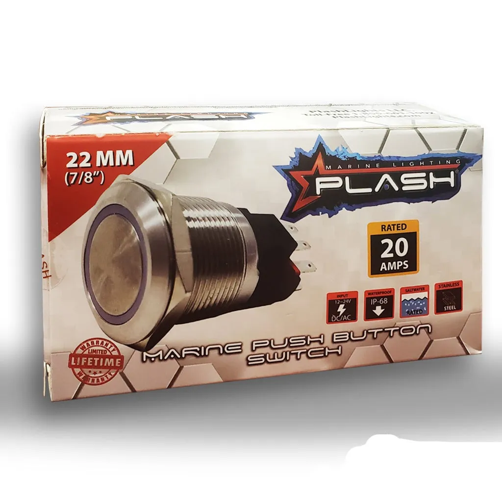 Marine Push Button Switch - Red LED - 20A - Stainless Steel