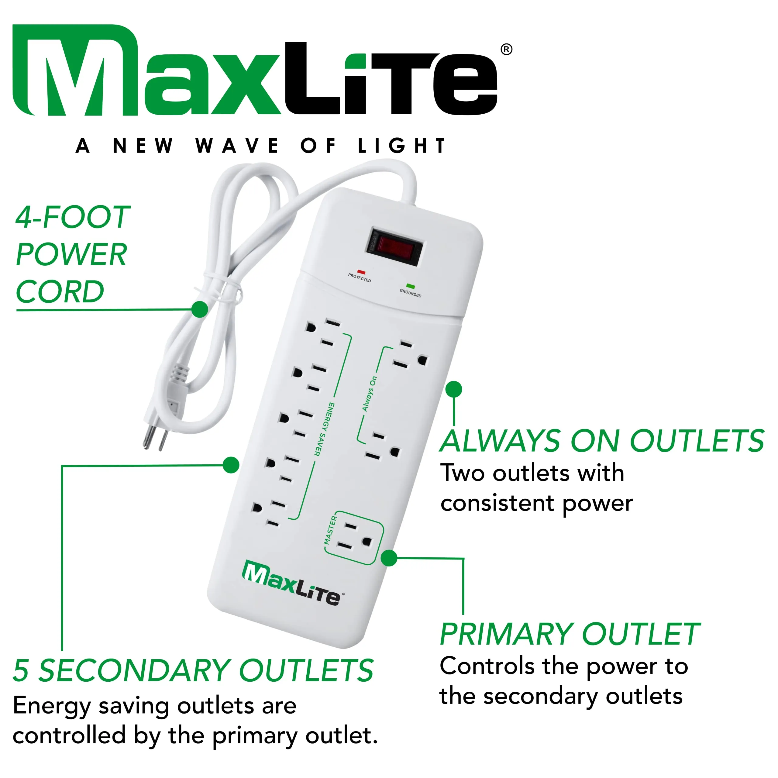 MaxLite Advanced Power Strip with 8 RECEPTACLES and 1350 Joules of Surge Protection,White,APS-8/1350J