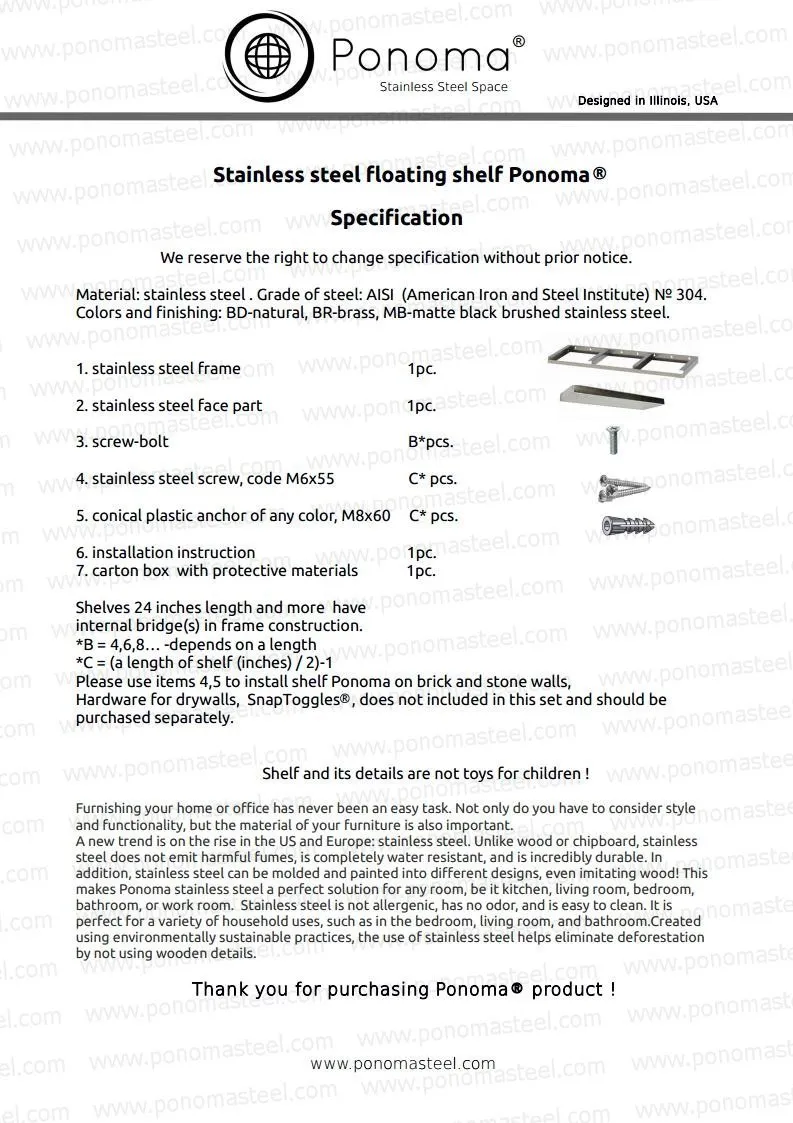 Metal shelves 33"- 42" (cm. 84 - 107) made-to-order Ponoma®