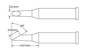 Metcal GT6-HF6030S Beveled 60° x 6.0mm Hoof Solder Tip, 3.0 x 16mm