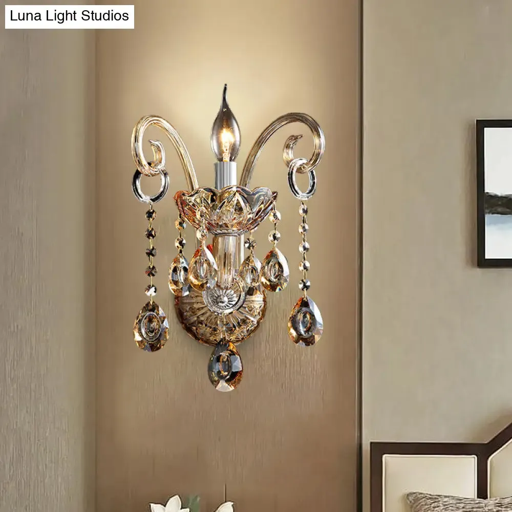 Modern Amber Glass Candle Sconce Wall Light with Crystal Drip Accent - 1/2 Heads Bedroom Fixture