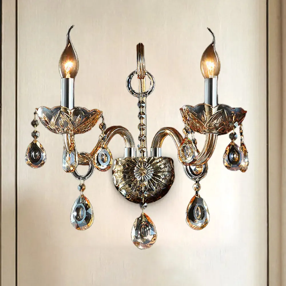 Modern Amber Glass Candle Sconce Wall Light with Crystal Drip Accent - 1/2 Heads Bedroom Fixture