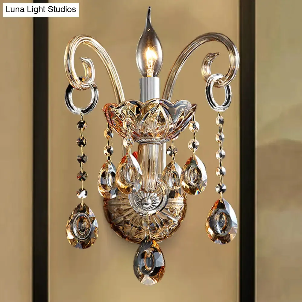 Modern Amber Glass Candle Sconce Wall Light with Crystal Drip Accent - 1/2 Heads Bedroom Fixture