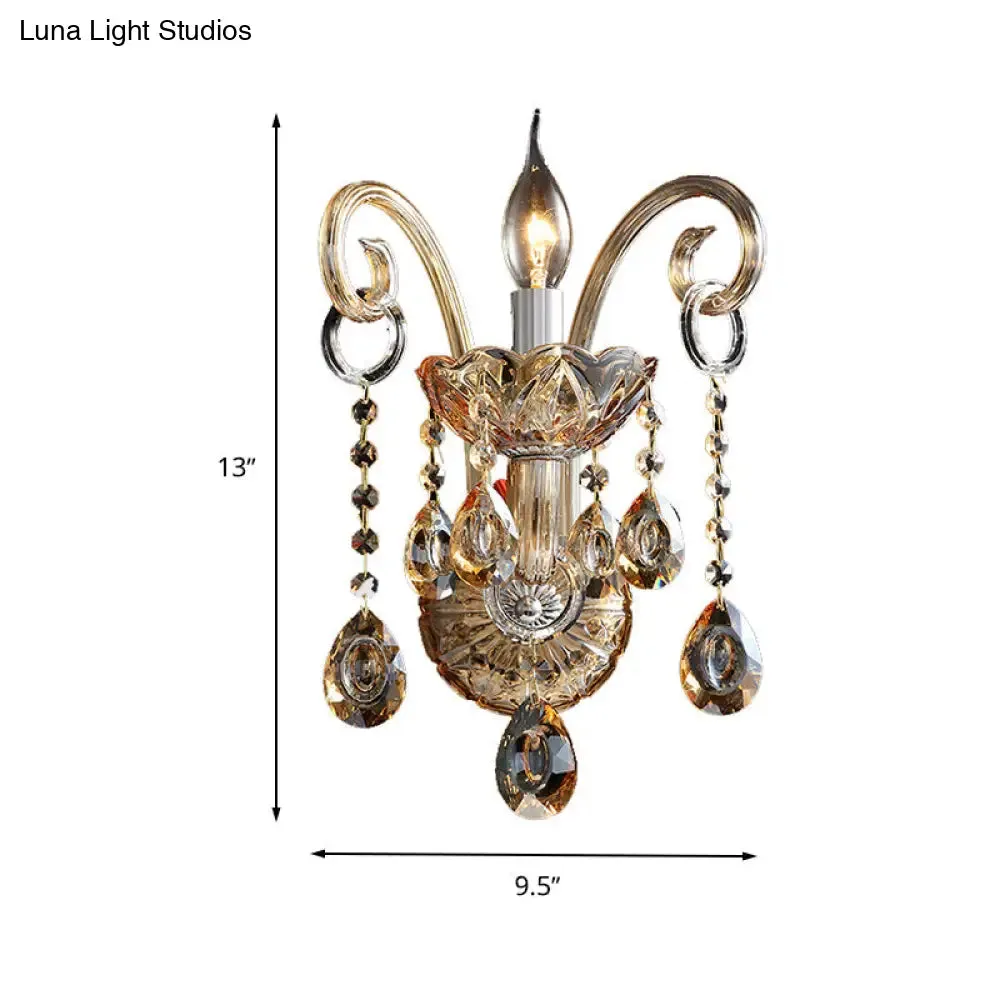 Modern Amber Glass Candle Sconce Wall Light with Crystal Drip Accent - 1/2 Heads Bedroom Fixture