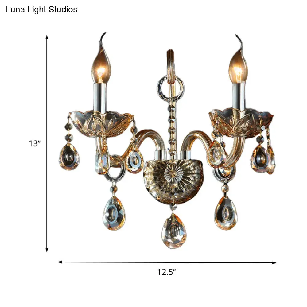 Modern Amber Glass Candle Sconce Wall Light with Crystal Drip Accent - 1/2 Heads Bedroom Fixture