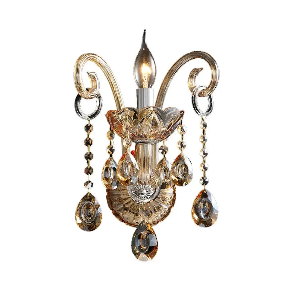 Modern Amber Glass Candle Sconce Wall Light with Crystal Drip Accent - 1/2 Heads Bedroom Fixture
