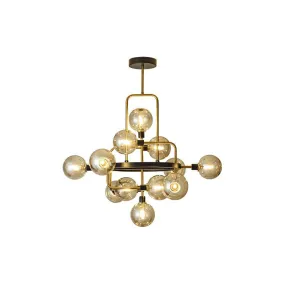 Modern Glass 3D Atomic Chandelier: 12-Bulb Black and Brass Suspension Light Fixture