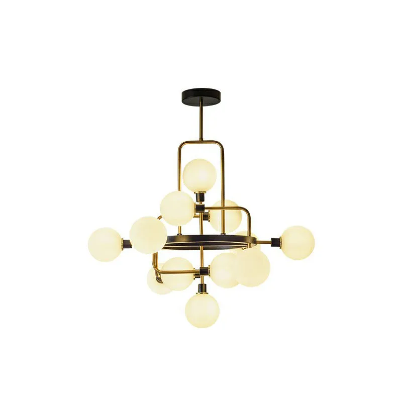 Modern Glass 3D Atomic Chandelier: 12-Bulb Black and Brass Suspension Light Fixture