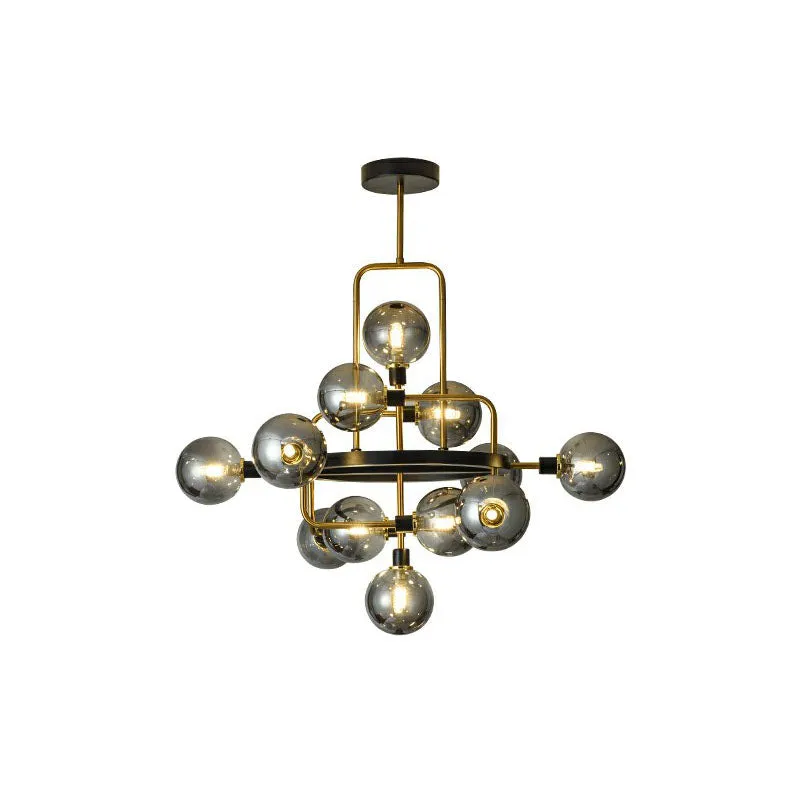 Modern Glass 3D Atomic Chandelier: 12-Bulb Black and Brass Suspension Light Fixture