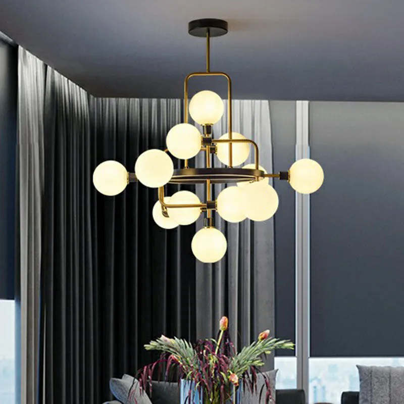 Modern Glass 3D Atomic Chandelier: 12-Bulb Black and Brass Suspension Light Fixture