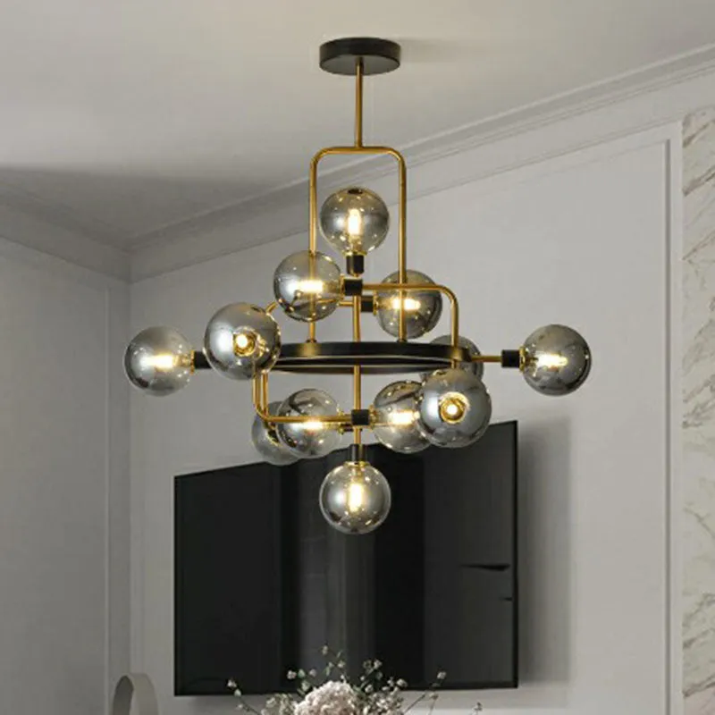 Modern Glass 3D Atomic Chandelier: 12-Bulb Black and Brass Suspension Light Fixture
